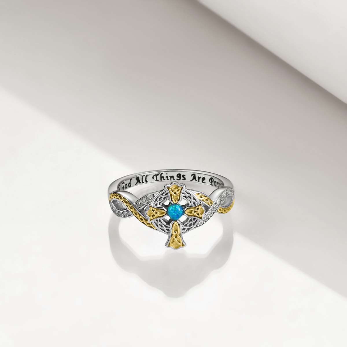 Sterling Silber zweifarbig kreisförmig Opal keltischen Knoten & Kreuz Ring mit eingraviert-3