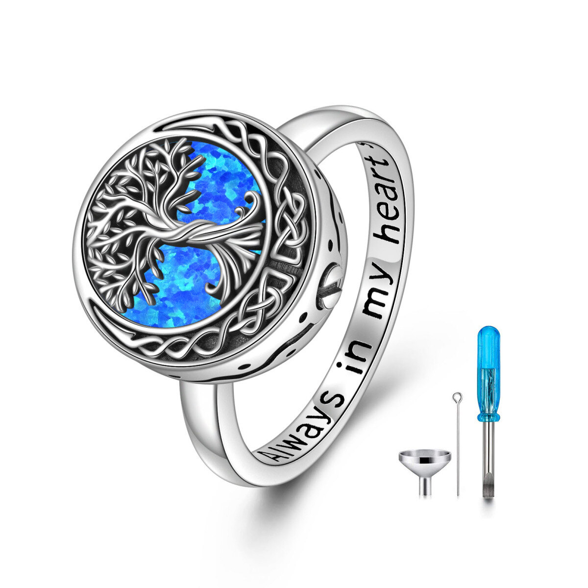 Sterling Silver Opal Tree Of Life & Celtic Knot Urn Ring-1