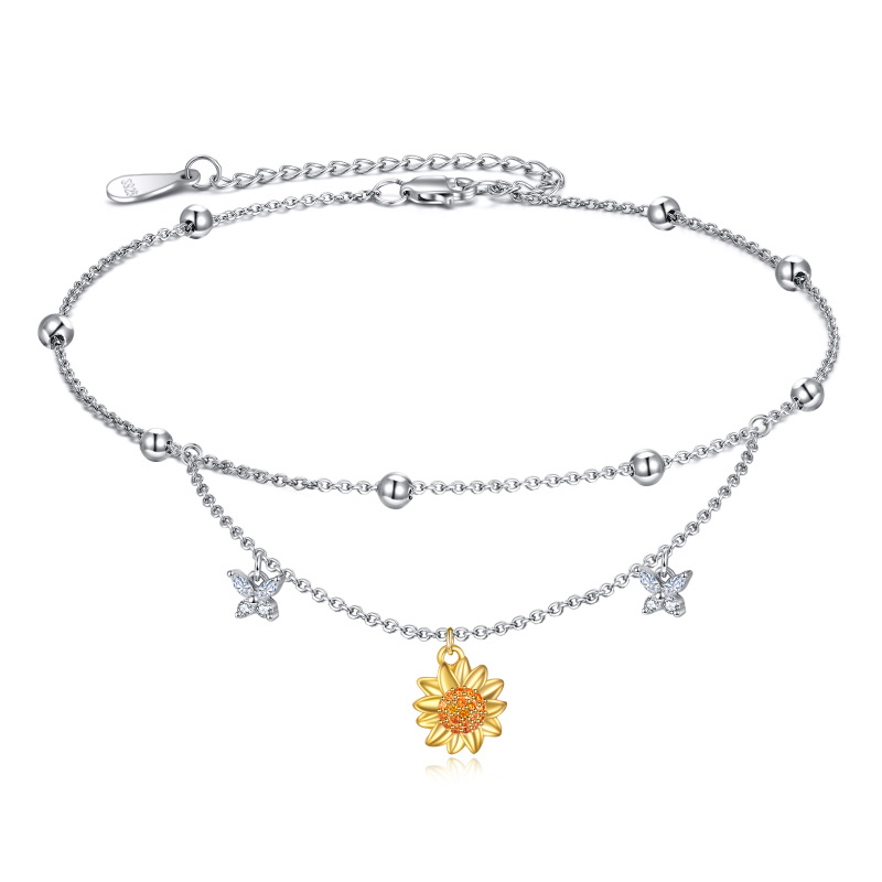 Sterling Silver Two-tone Zircon Butterfly & Sunflower Multi-layered Anklet
