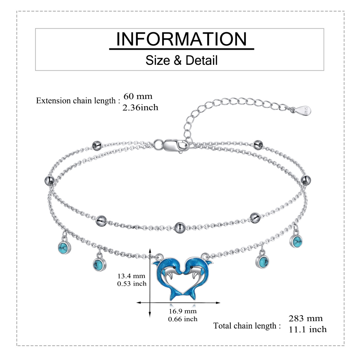 Sterling Silver Circular Shaped Turquoise Dolphin & Heart Multi-layered Anklet-7