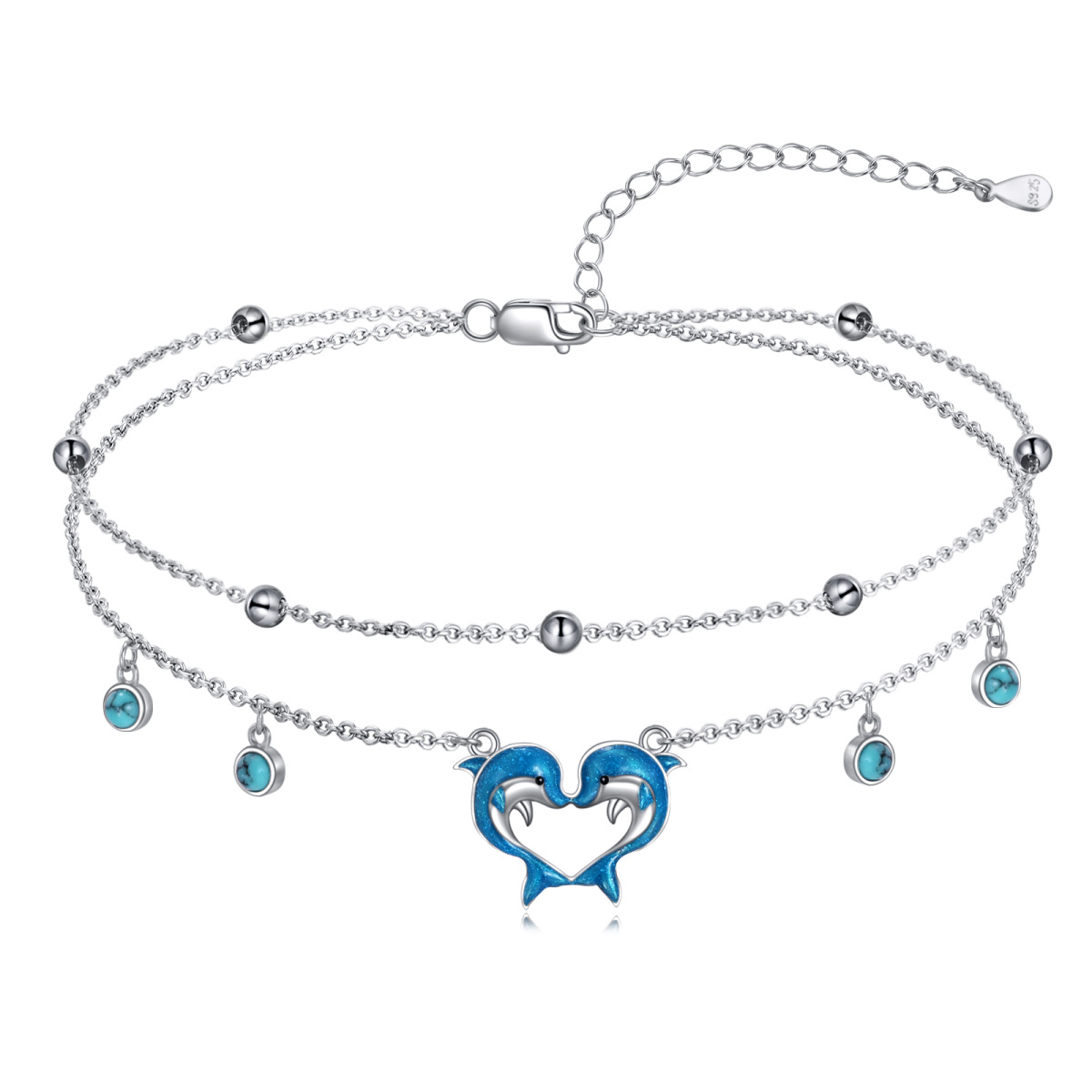 Sterling Silver Circular Shaped Turquoise Dolphin & Heart Multi-layered Anklet-1