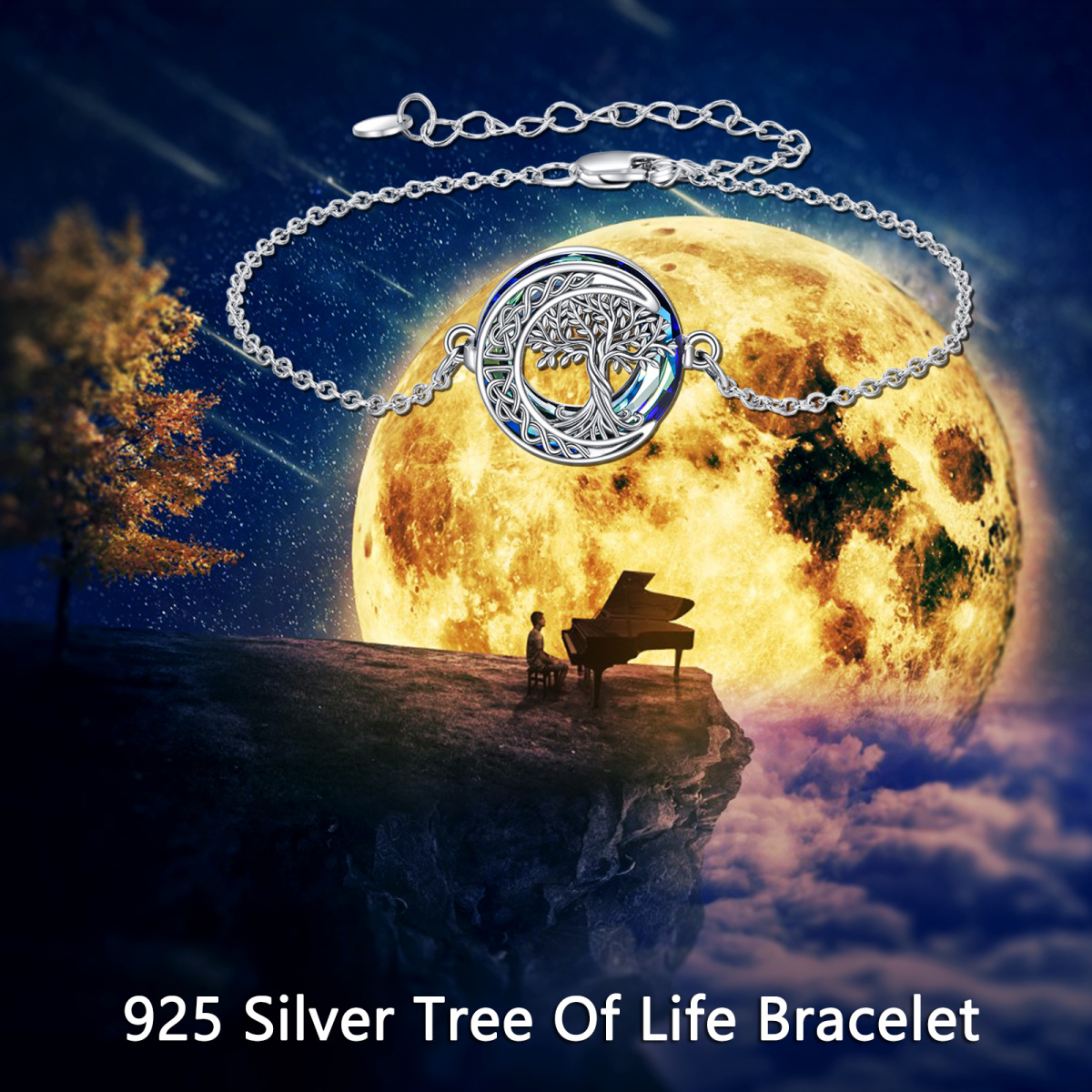 Pulsera de plata de ley con colgante del árbol de la vida, nudo celta y luna-6