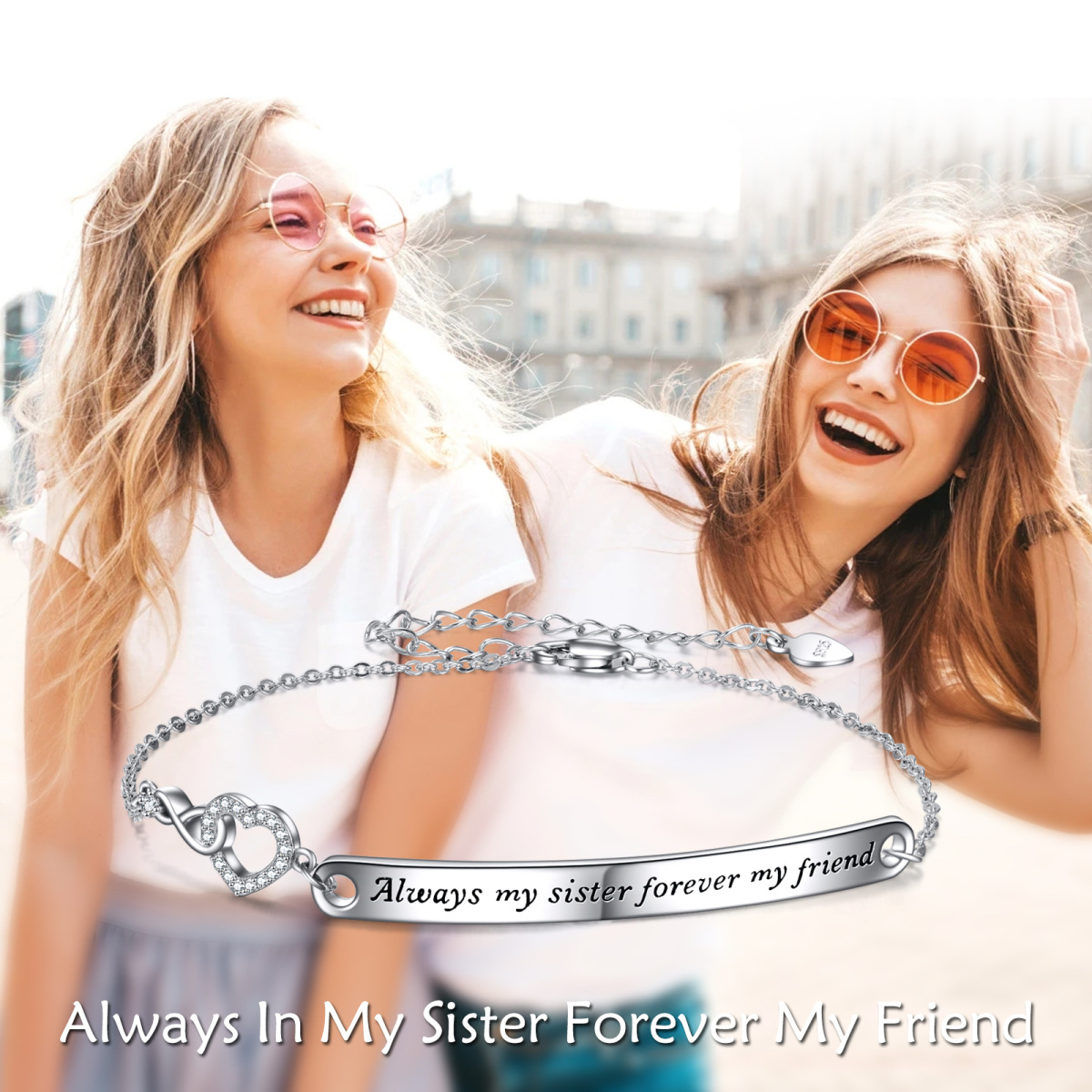 Sterling Silver Sisters Identification Bracelet with Engraved Word-6