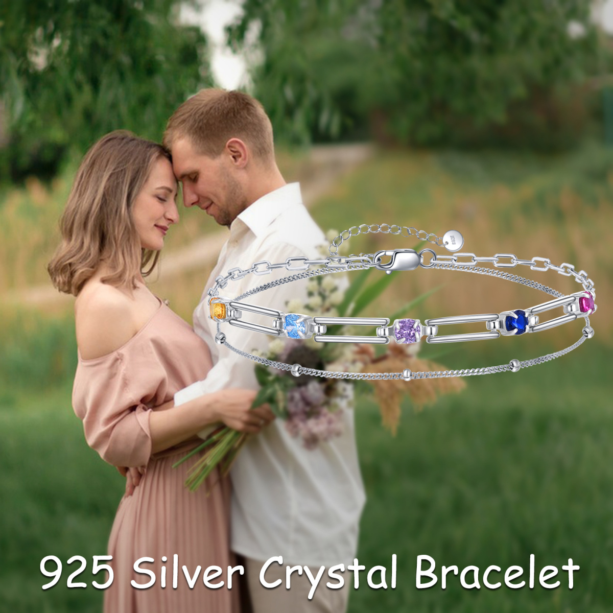 Sterling Silver Crystal Bead Station Chain Bracelet-6