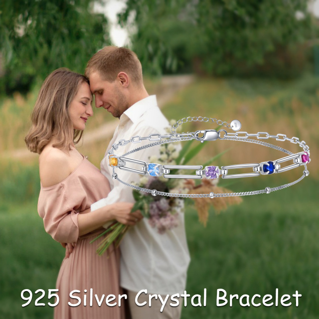 Sterling Silver Crystal Bead Station Chain Bracelet-5