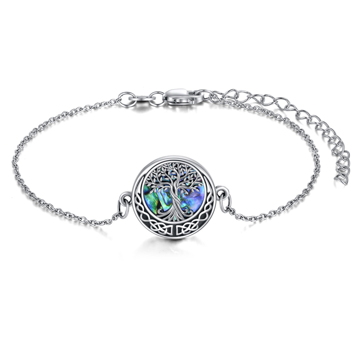 Sterling Silver Circular Shaped Abalone Shellfish Tree Of Life & Celtic Knot Pendant Bracelet-1