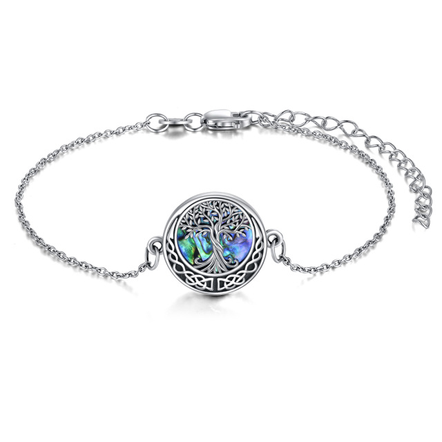 Sterling Silver Circular Shaped Abalone Shellfish Tree Of Life & Celtic Knot Pendant Bracelet-0