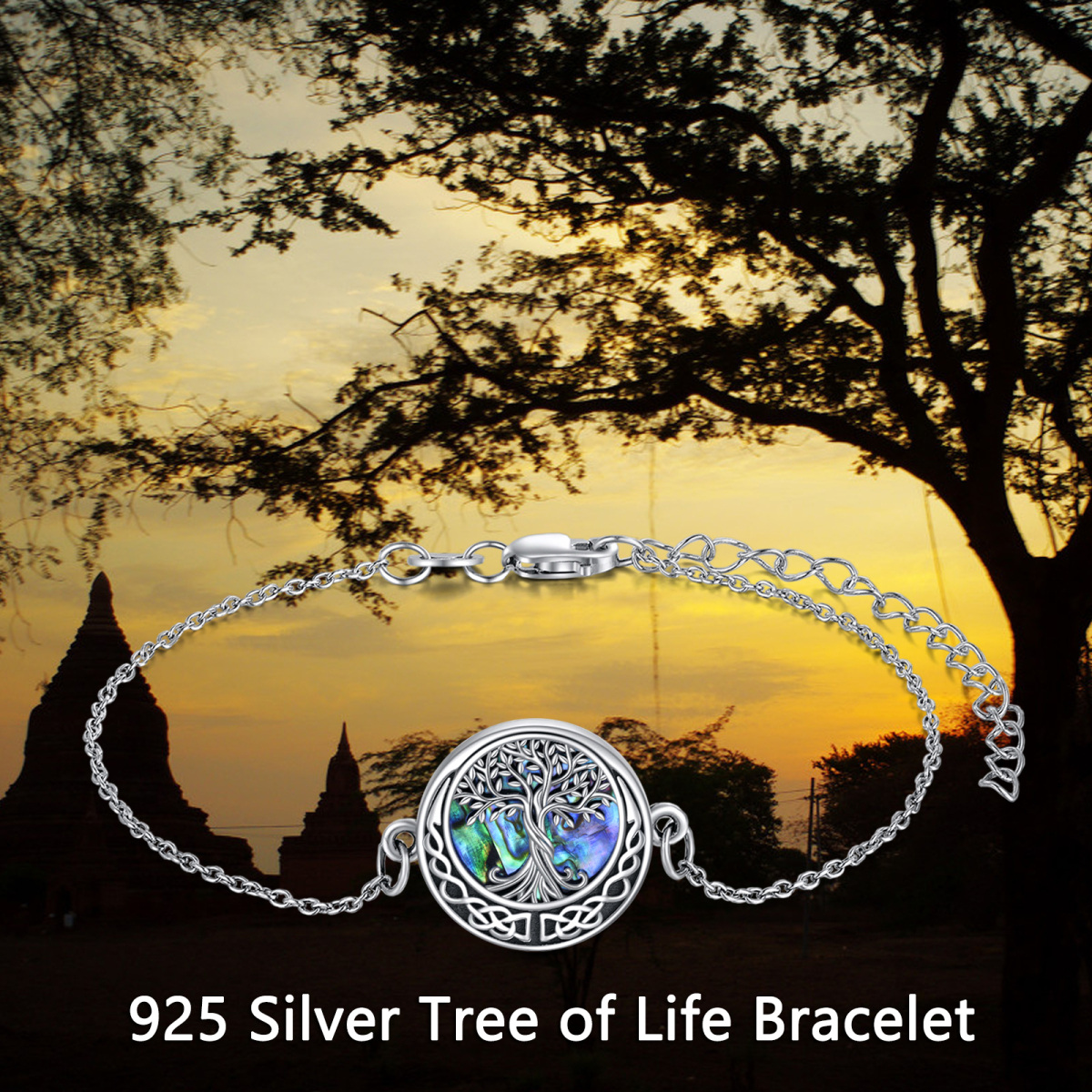 Sterling Silver Circular Shaped Abalone Shellfish Tree Of Life & Celtic Knot Pendant Bracelet-6