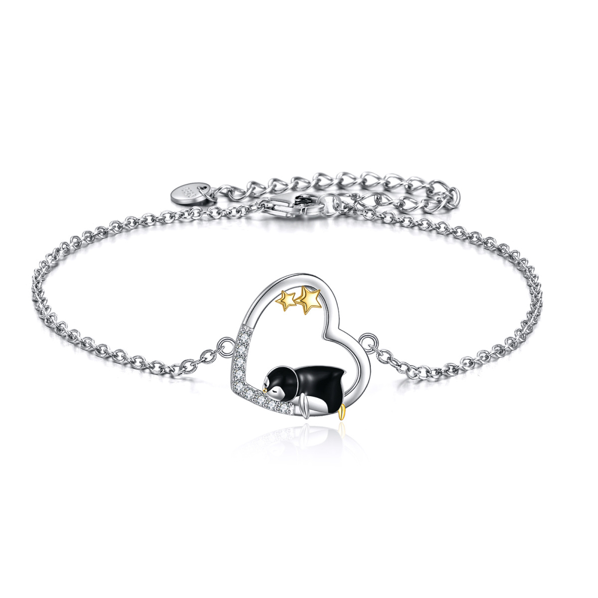 Sterling Silver Two-tone Cubic Zirconia Penguin & Heart & Star Pendant Bracelet-1