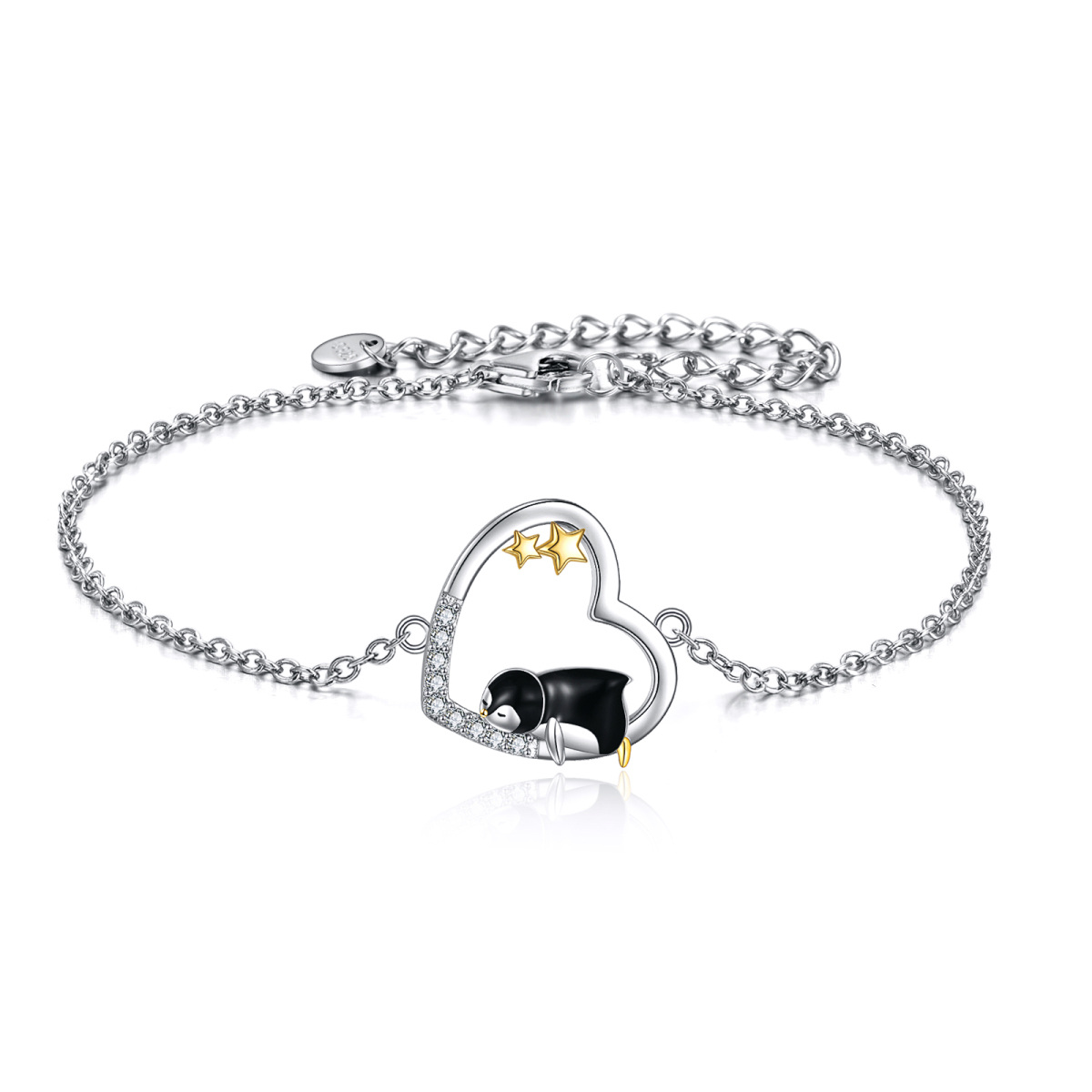 Pulsera de plata de ley bicolor con pingüino de circonita y colgante de corazón y estrella-1