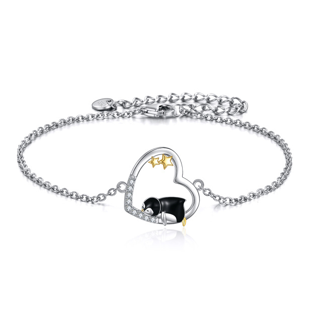 Sterling Silver Two-tone Cubic Zirconia Penguin & Heart & Star Pendant Bracelet-0
