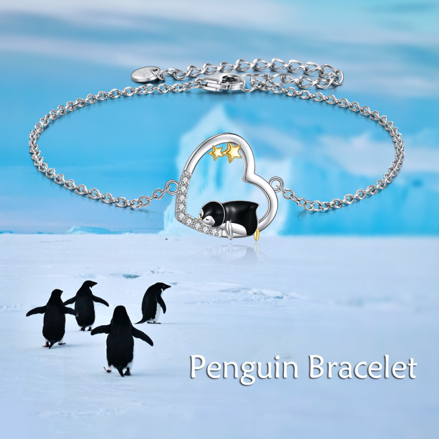 Sterling Silver Two-tone Cubic Zirconia Penguin & Heart & Star Pendant Bracelet-4
