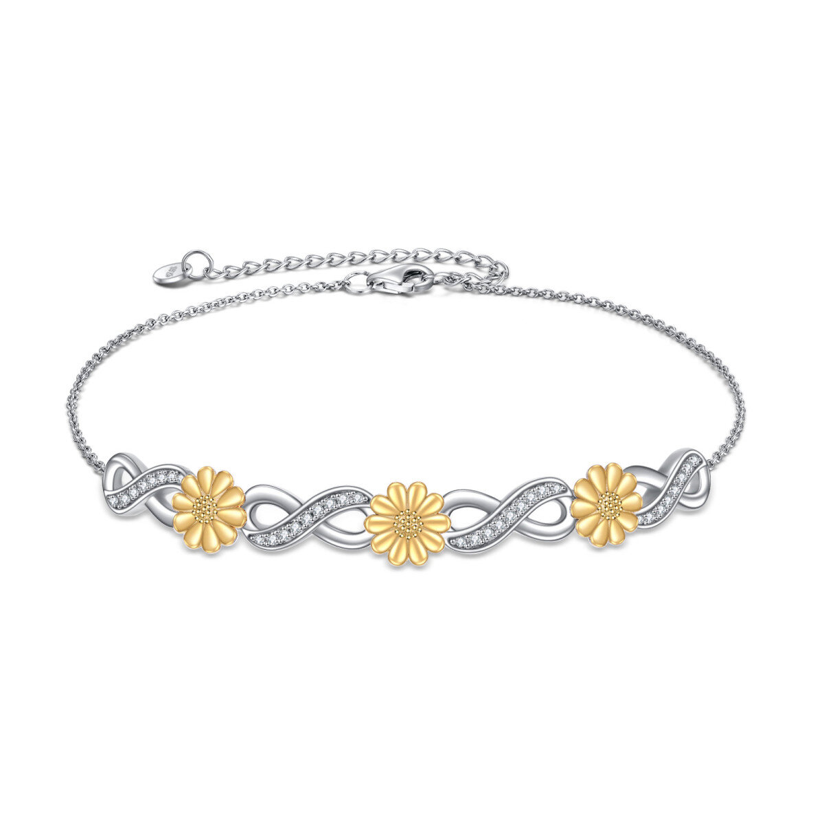 Sterling Silver Two-tone Circular Shaped Cubic Zirconia Sunflower & Infinity Symbol Pendant Bracelet-1