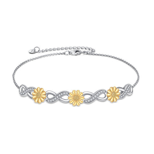 Sterling Silver Two-tone Circular Shaped Cubic Zirconia Sunflower & Infinity Symbol Pendant Bracelet