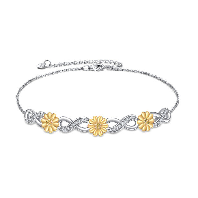 Sterling Silver Two-tone Circular Shaped Cubic Zirconia Sunflower & Infinity Symbol Pendant Bracelet-0