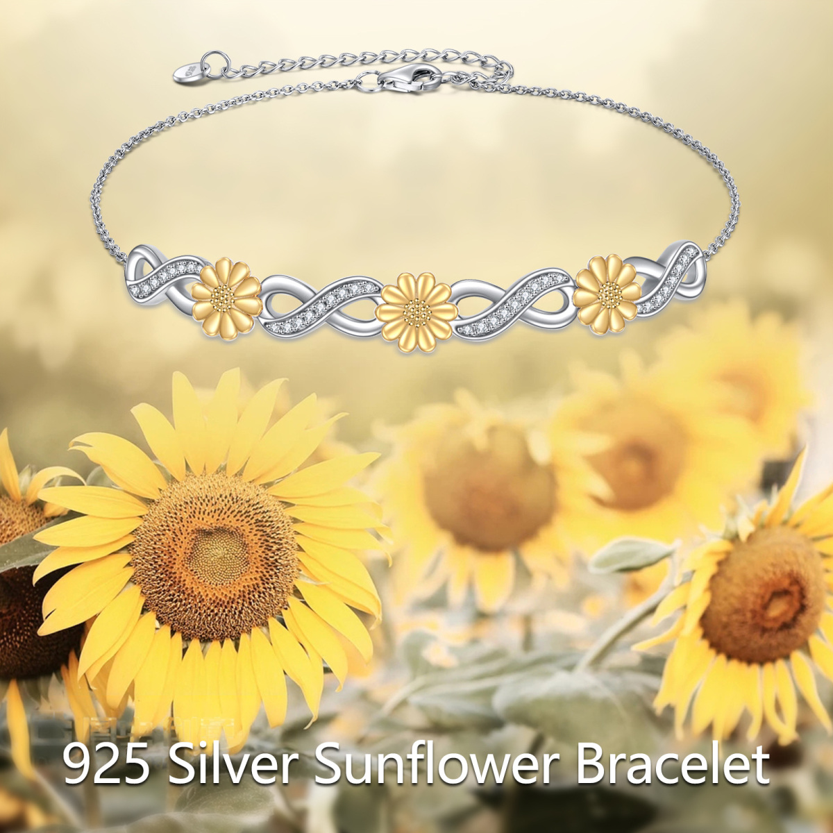 Sterling Silver Two-tone Circular Shaped Cubic Zirconia Sunflower & Infinity Symbol Pendant Bracelet-6