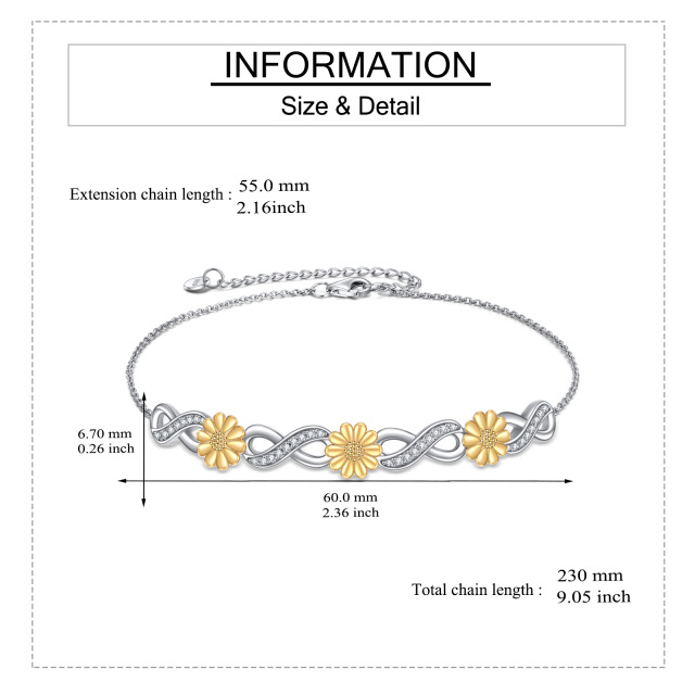Sterling Silver Two-tone Circular Shaped Cubic Zirconia Sunflower & Infinity Symbol Pendant Bracelet-4
