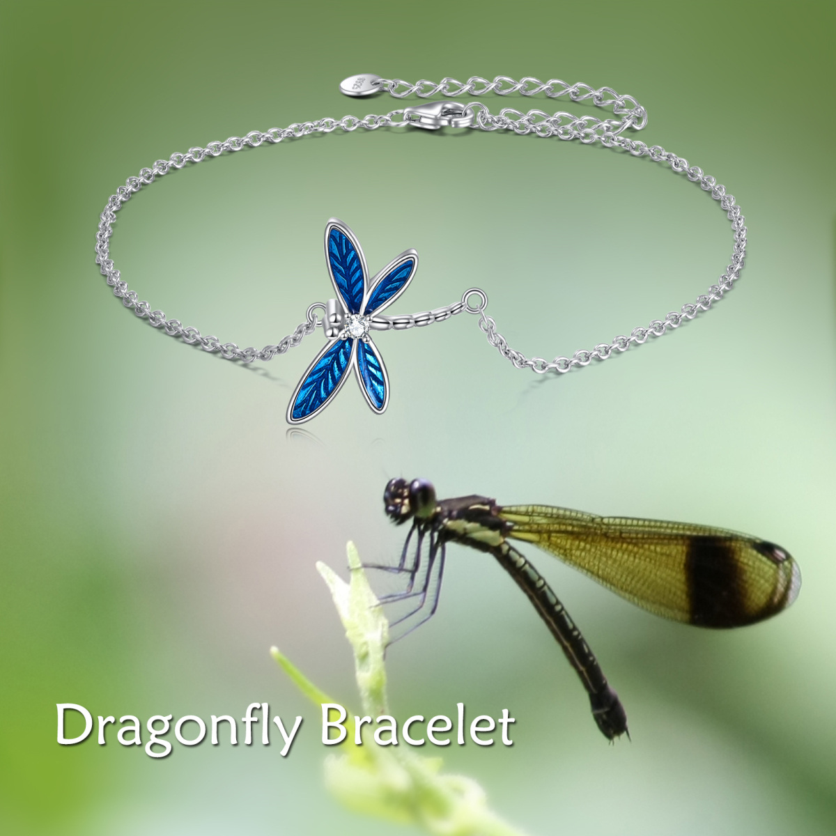 Sterling Silver Circular Shaped Cubic Zirconia Dragonfly Pendant Bracelet-6