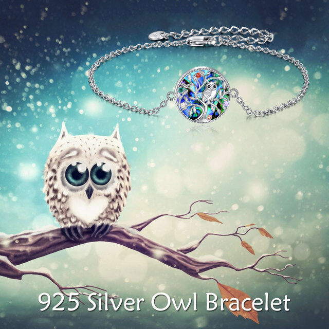 Prata esterlina Abalone Shellfish Tree Of Life & Owl with Birthstone Pendant Bracelet-5
