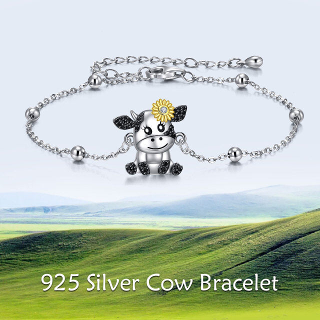 Sterling Silver Tri-tone Circular Shaped Cubic Zirconia Cow & Sunflower Pendant Bracelet-5