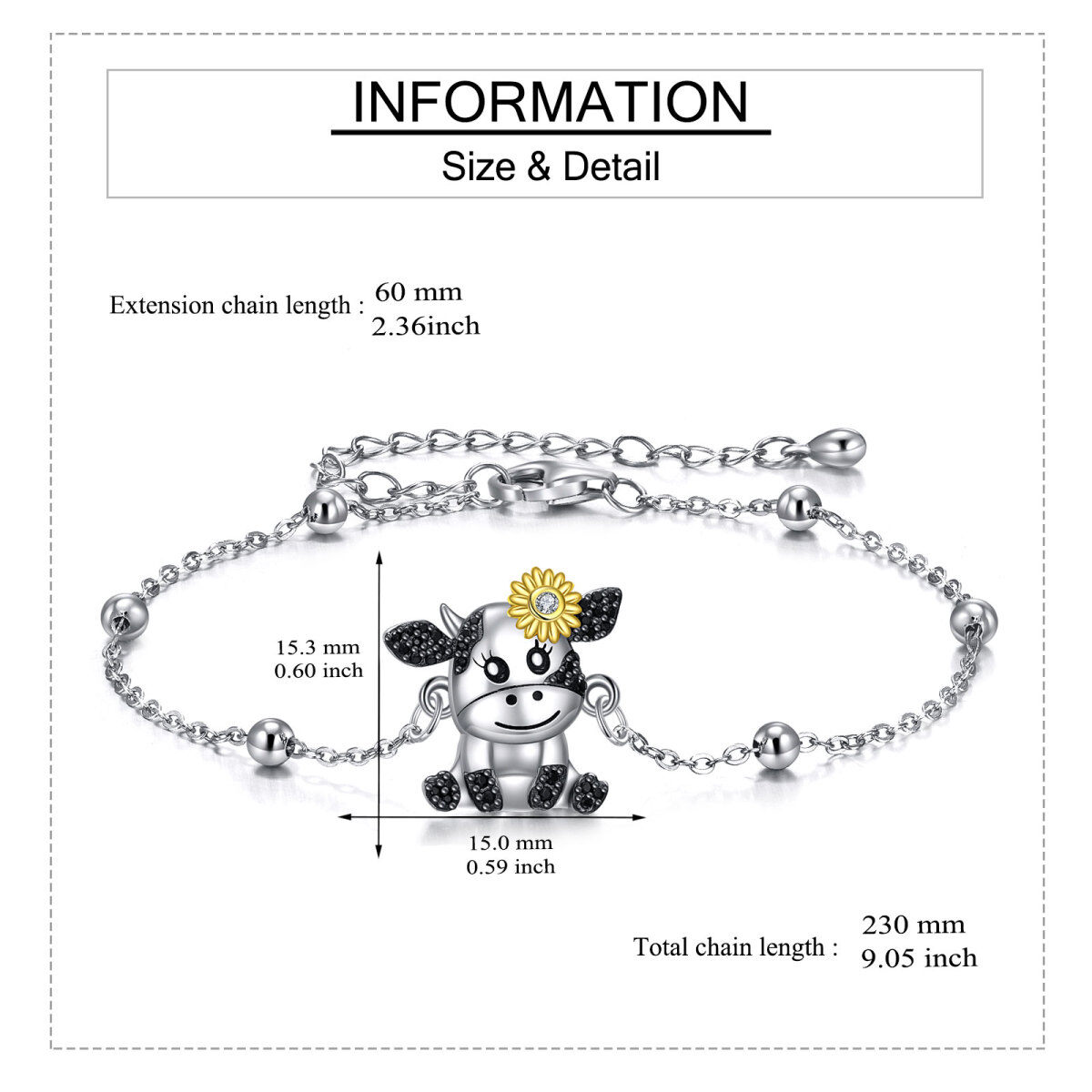 Bracelet en argent sterling avec pendentif vache et tournesol en zircon cubique tridimensi-4