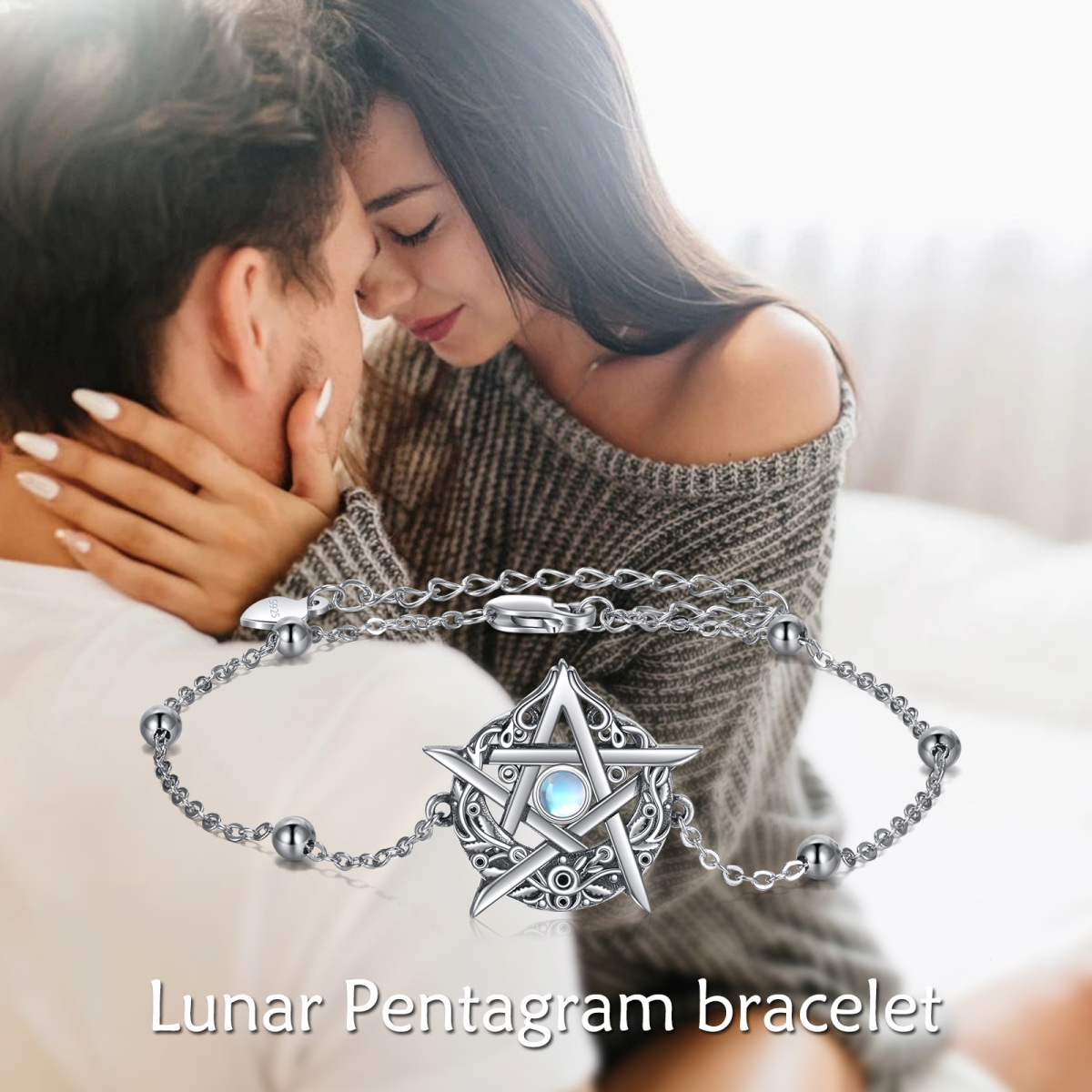 Bracelet en argent sterling avec pendentif pentagramme en pierre de lune de forme circulai-6