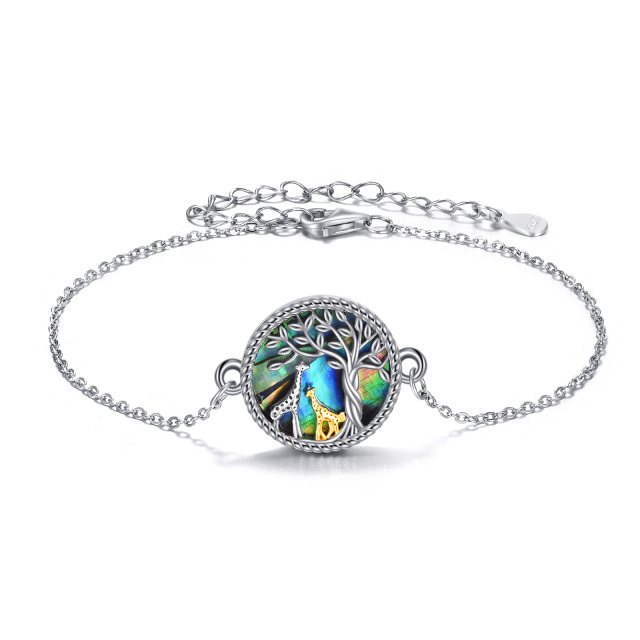 Sterling Silver Two-tone Circular Shaped Abalone Shellfish Giraffe & Tree Of Life Pendant Bracelet-2