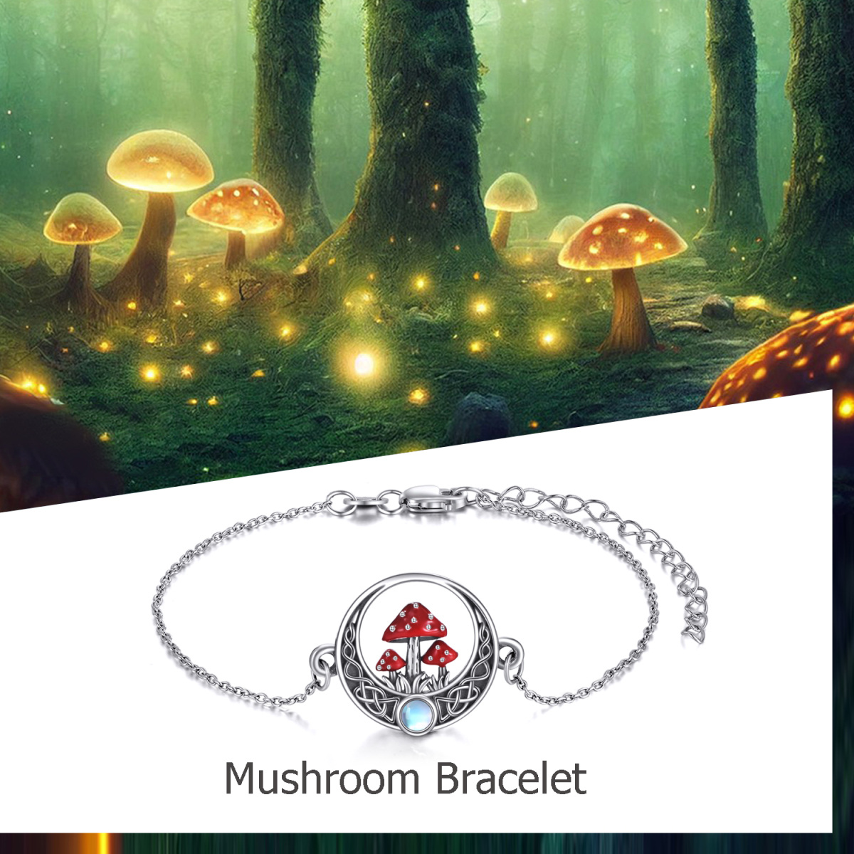 Sterling Silver Moonstone Mushroom & Celtic Knot Pendant Bracelet-6