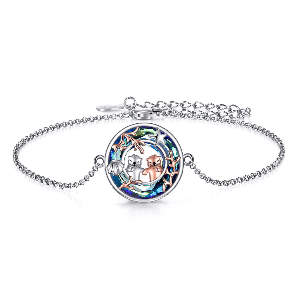 Sterling Silver Two-tone Round Crystal Sea Otter & Starfish Pendant Bracelet-1