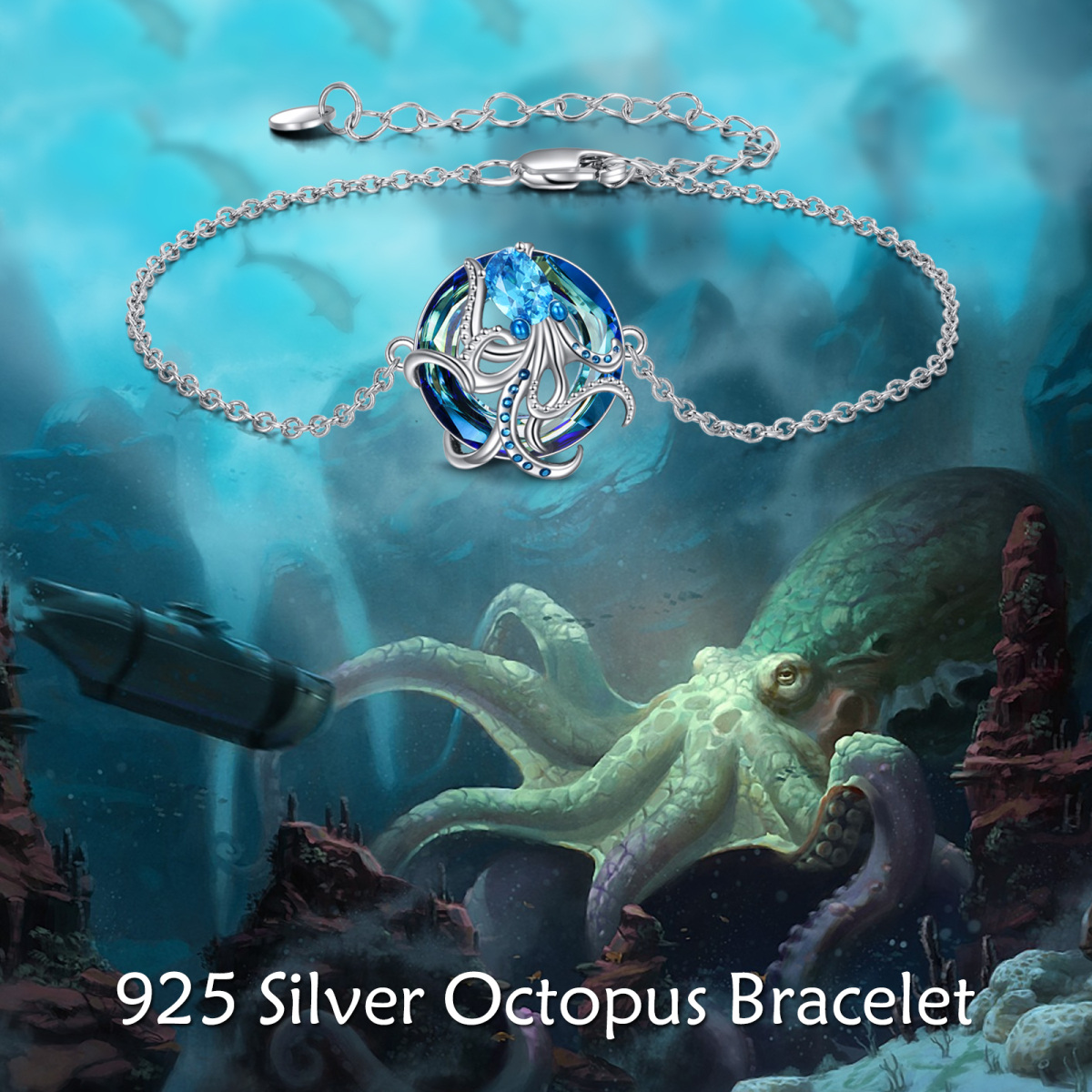 Sterling Silver Crystal Octopus Pendant Bracelet-6