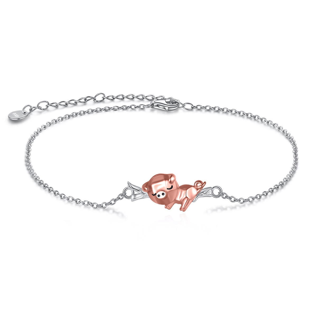 Bracelet en argent sterling avec pendentif cochon bicolore-1