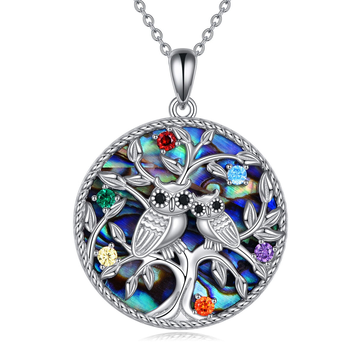 Sterling Silver Abalone Shellfish Owl & Tree Of Life Pendant Necklace-1