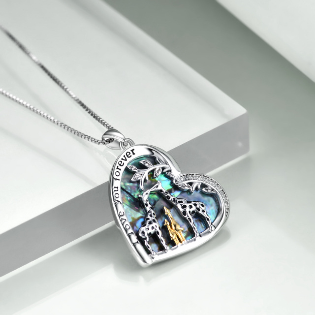 Sterling Silver Tri-tone Abalone Shellfish Giraffe & Heart Pendant Necklace with Engraved Word-3