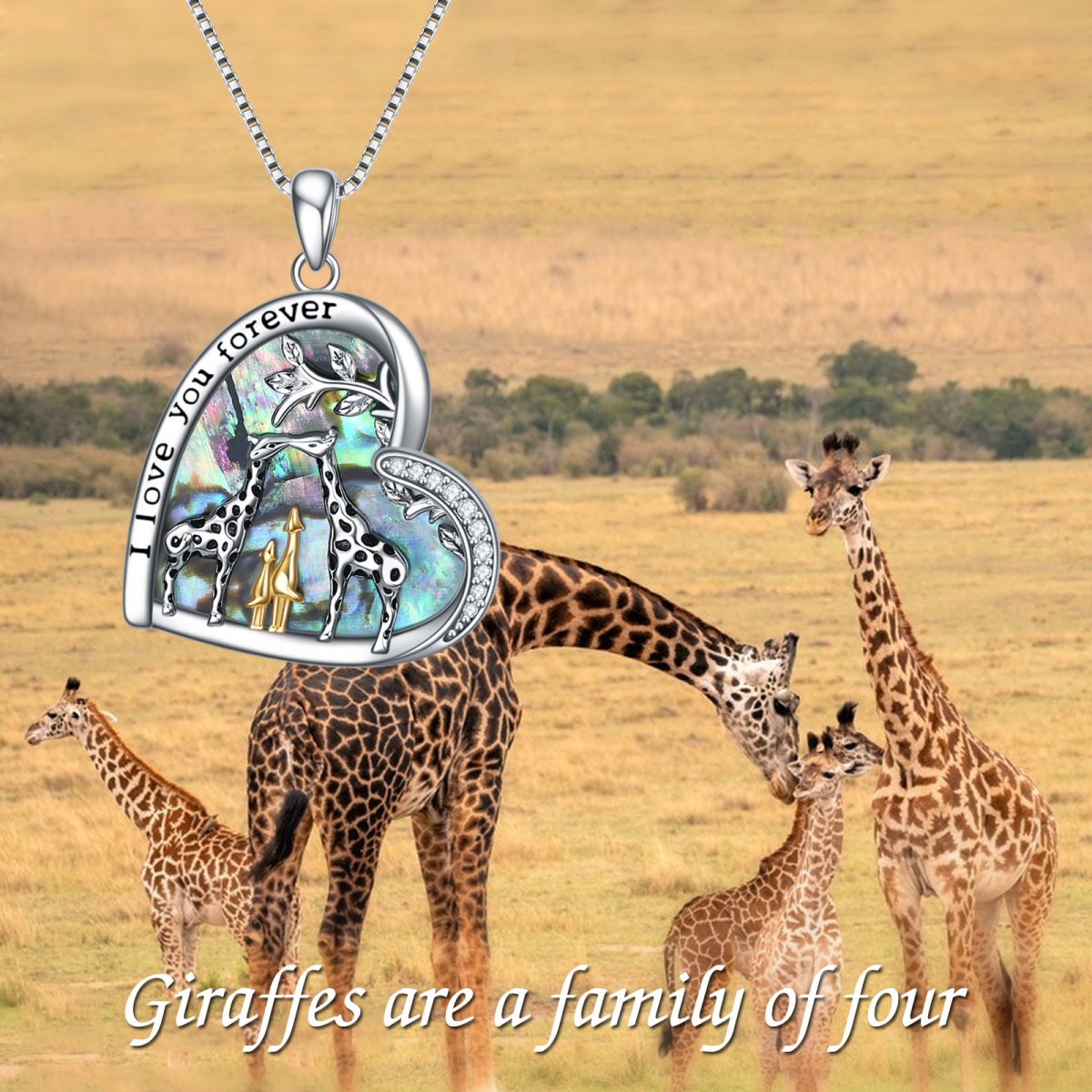 Collier en argent sterling avec pendentif en forme de coeur et de girafe en abalone tricol-6