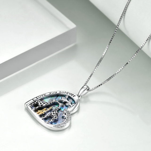 Sterling Silver Tri-tone Abalone Shellfish Giraffe & Heart Pendant Necklace with Engraved Word-2