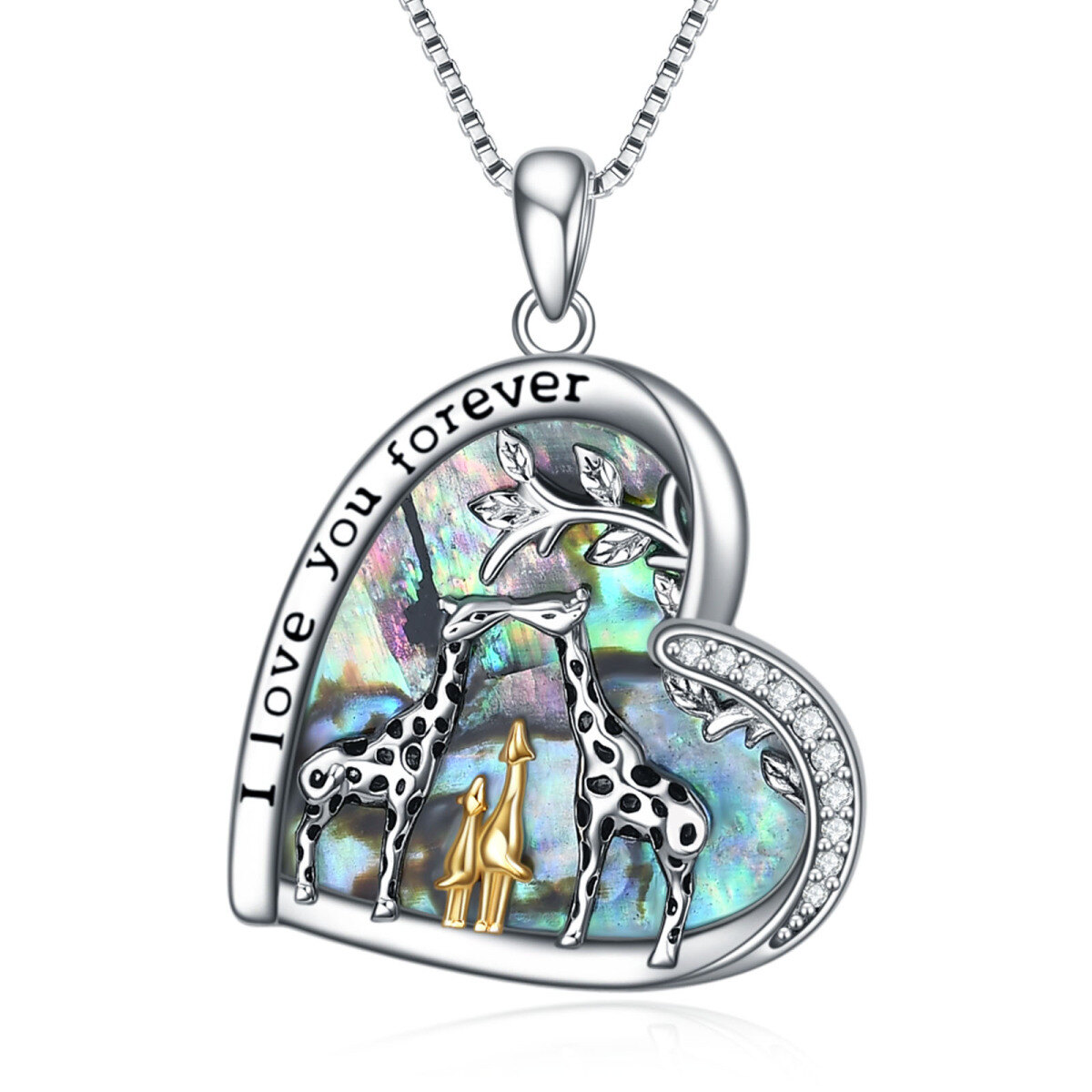 Sterling Silver Tri-tone Abalone Shellfish Giraffe & Heart Pendant Necklace with Engraved Word-1