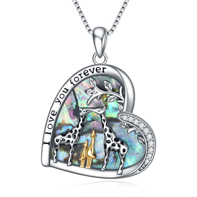 Sterling Silver Tri-tone Abalone Shellfish Giraffe & Heart Pendant Necklace with Engraved Word-0