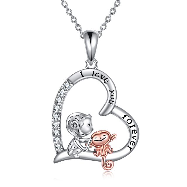 Sterling Silver Two-tone Circular Shaped Cubic Zirconia Monkey & Heart Pendant Necklace with Engraved Word-3