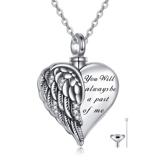 Sterling Silver Angel Wing & Heart Urn Necklace for Ashes with Engraved Word