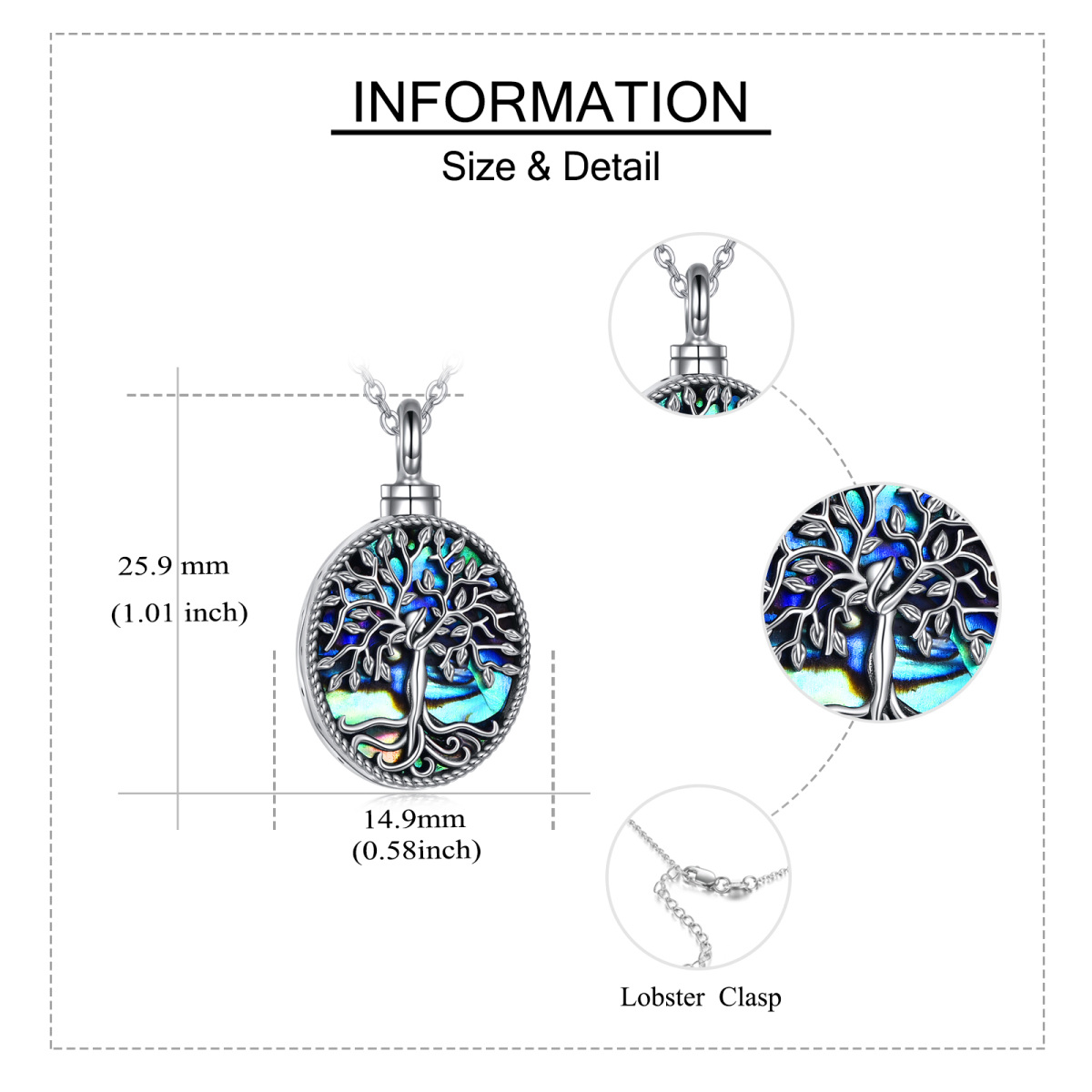 Sterling Silber Oval geformt Abalone Muscheln Baum des Lebens Urne Halskette für Asche mit eingraviertem Wort-6