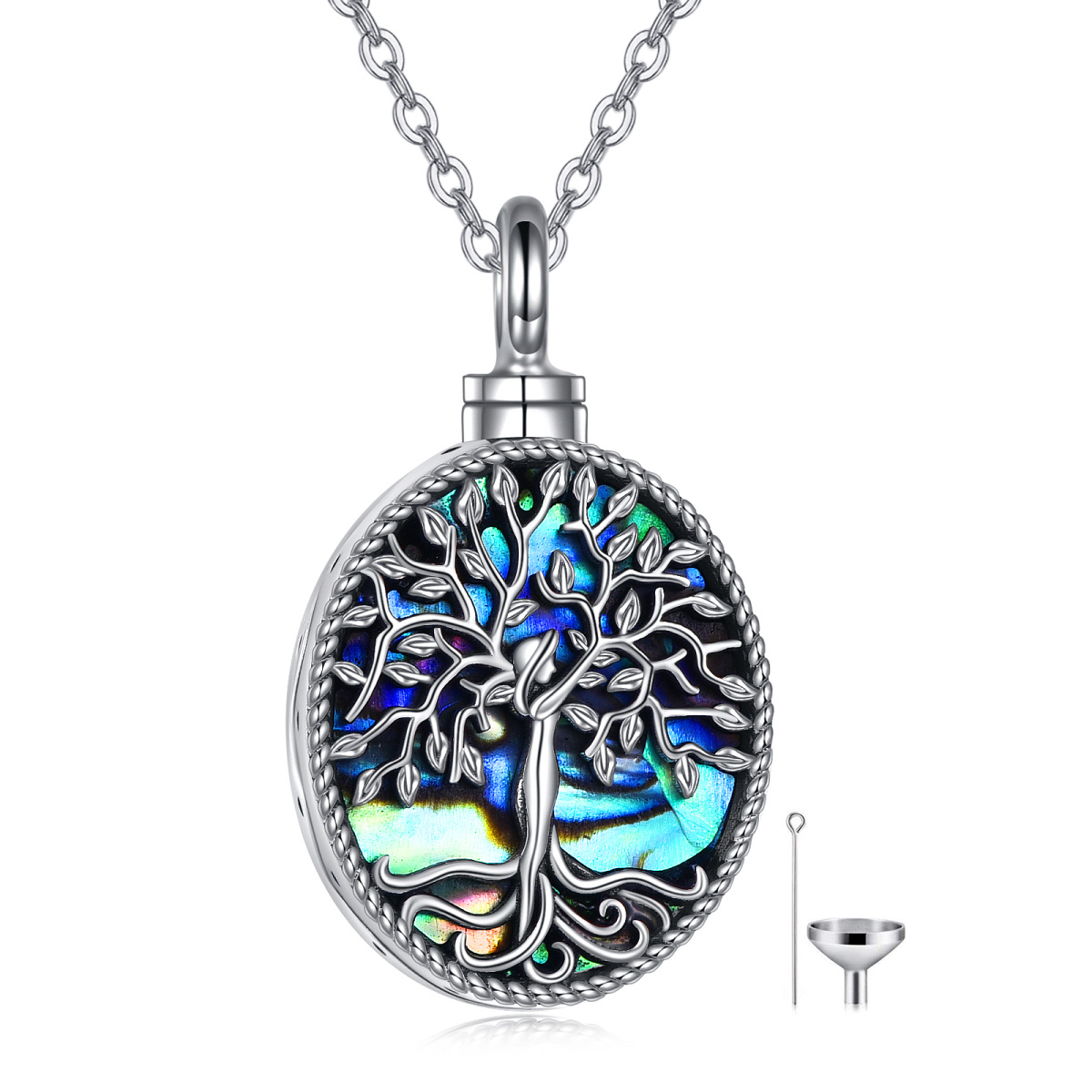 Sterling Silber Oval geformt Abalone Muscheln Baum des Lebens Urne Halskette für Asche mit eingraviertem Wort-1
