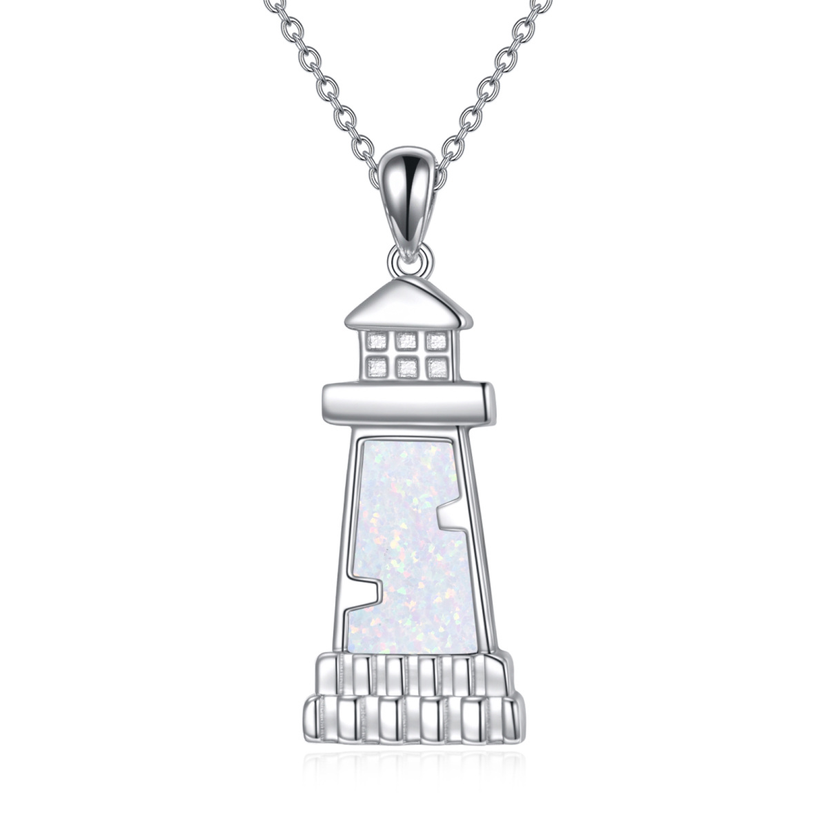 Sterling Silver Opal Lighthouse Pendant Necklace-1