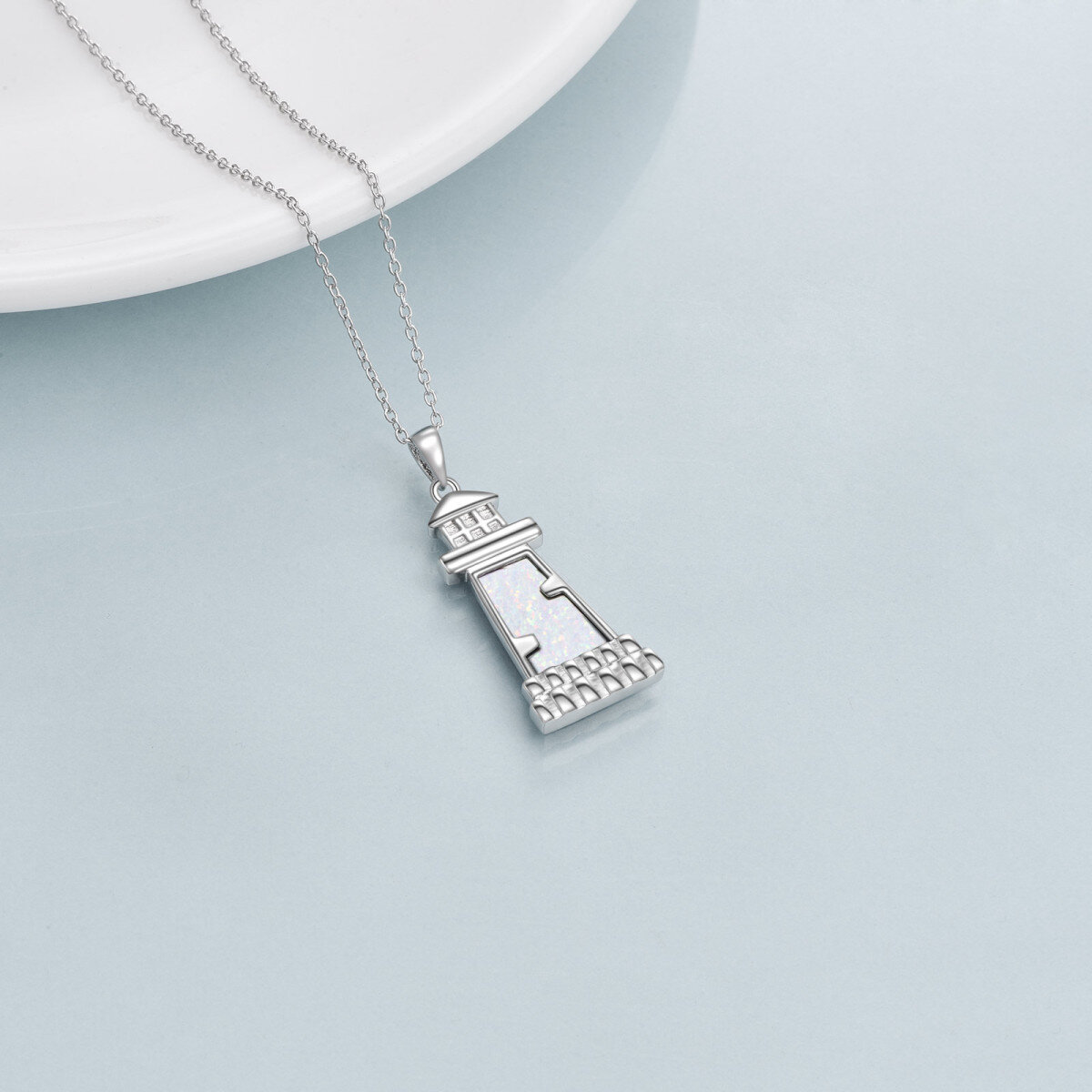 Sterling Silver Opal Lighthouse Pendant Necklace-4