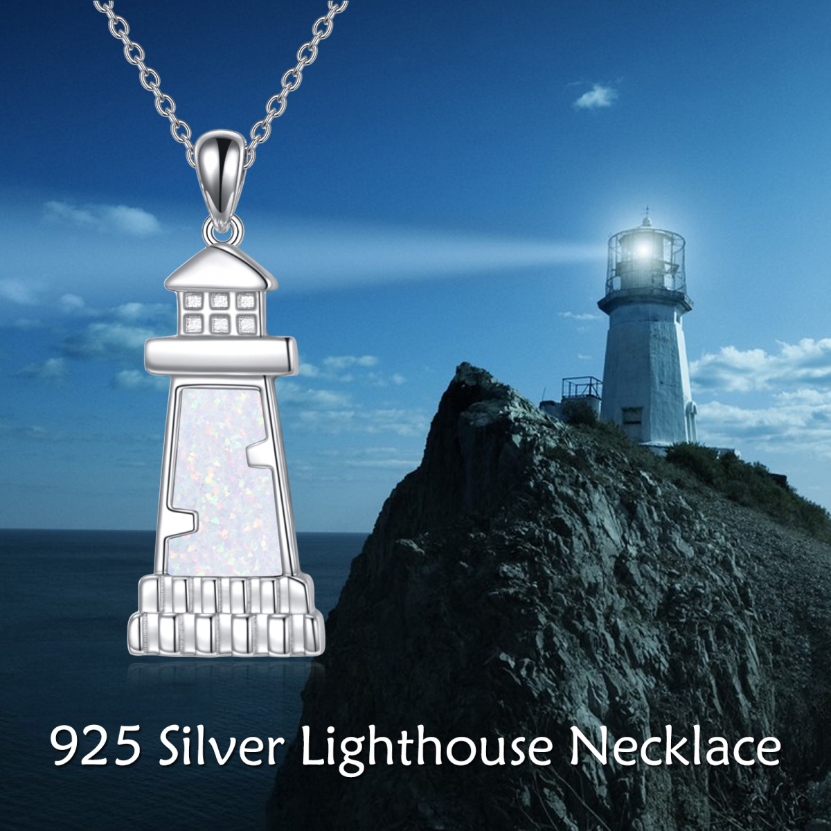 Sterling Silver Opal Lighthouse Pendant Necklace-6