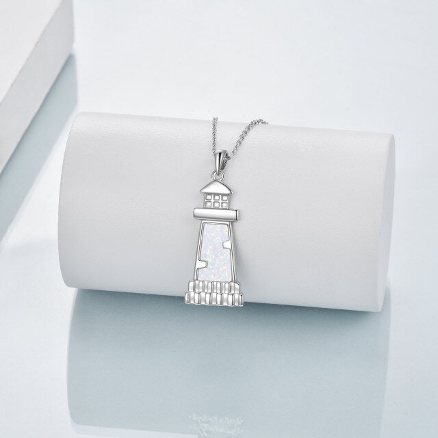 Sterling Silver Opal Lighthouse Pendant Necklace-3