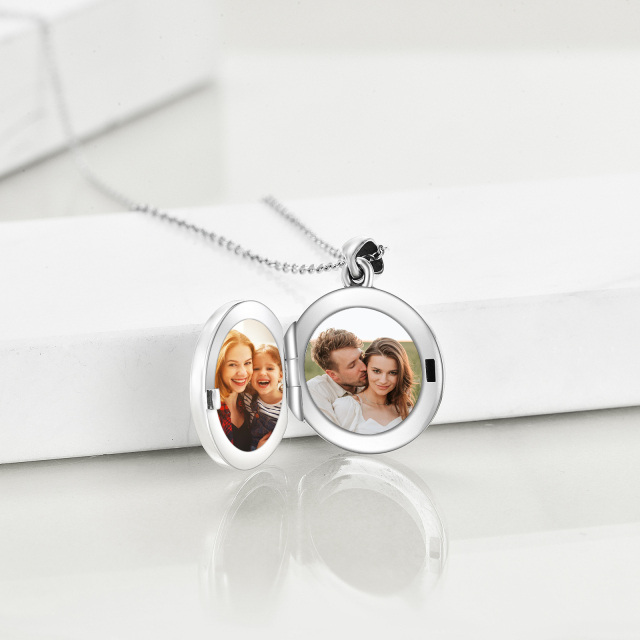 Sterling Silver Round Moonstone Lotus & Personalized Photo Personalized Photo Locket Necklace with Engraved Word-2