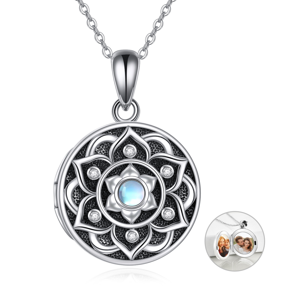 Sterling Silver Round Moonstone Lotus & Personalized Photo Personalized Photo Locket Necklace with Engraved Word-1