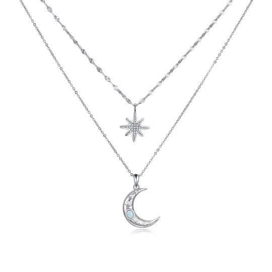 Sterling Silver Circular Shaped Opal Moon & Star Layered Necklace