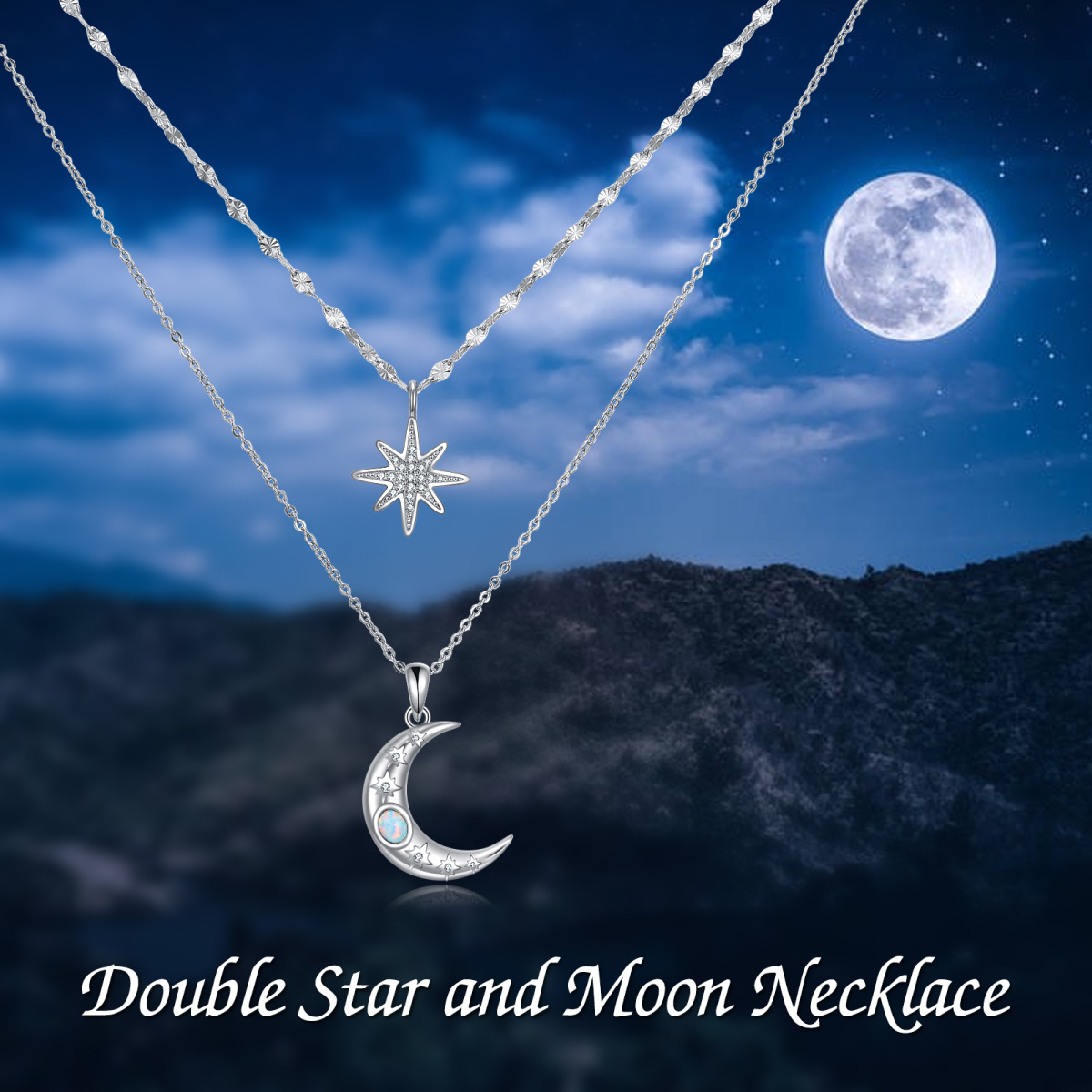 Collar en capas de plata de ley con ópalo circular en forma de luna y estrella-6