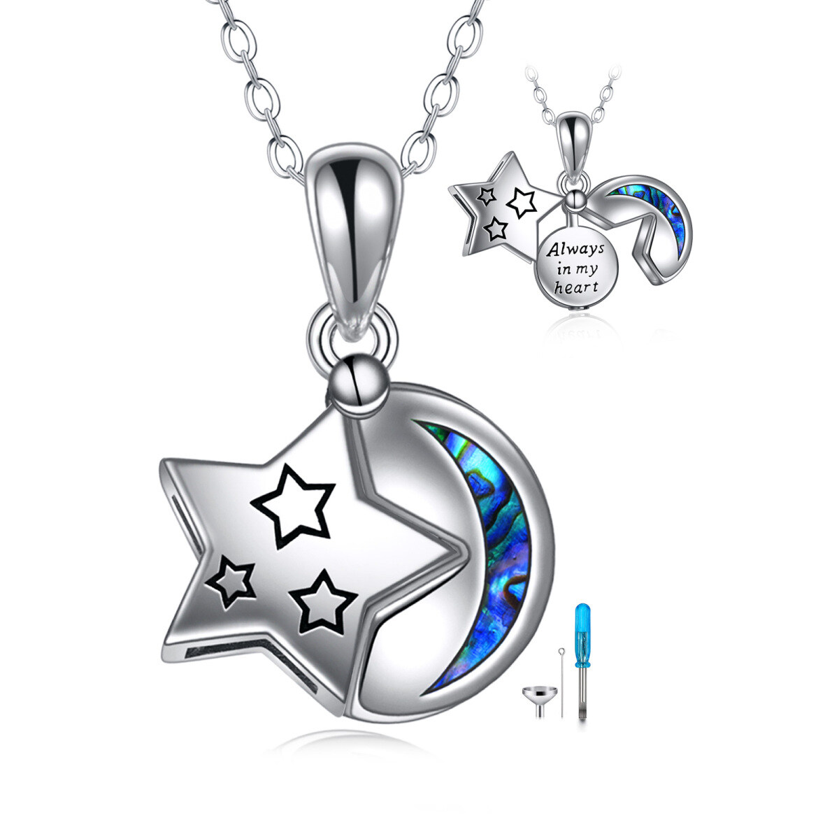 Sterling Silber Abalone Muscheln Mond & Stern Urne Halskette mit eingraviertem Wort-1